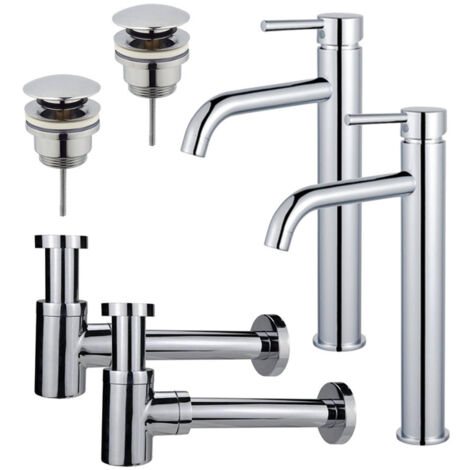 FugaFlow Eccelente Sobrado Kit robinet lavabo - pour double vasque - robinet rehaussé - bonde clic clac - siphon design bas -