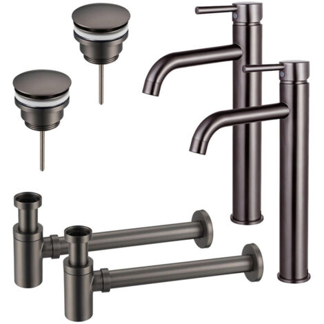 FugaFlow Eccelente Sobrado Kit robinet lavabo - pour double vasque - robinet rehaussé - bonde clic clac - siphon design bas - Gunmetal PVD