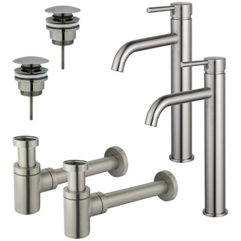 FugaFlow Eccelente Sobrado Kit robinet lavabo - pour double vasque - robinet rehaussé - bonde clic clac - siphon design bas - Inox brossé PVD
