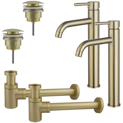 FugaFlow Eccelente Sobrado Kit robinet lavabo - pour double vasque - robinet rehaussé - bonde clic clac - siphon design bas - Laiton brossé PVD