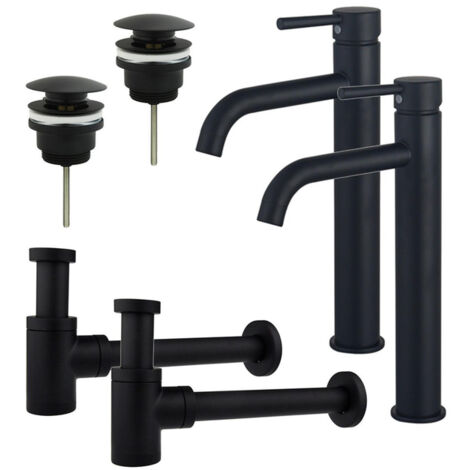 FugaFlow Eccelente Sobrado Kit robinet lavabo - pour double vasque - robinet rehaussé - bonde clic clac - siphon design bas - Noir mat