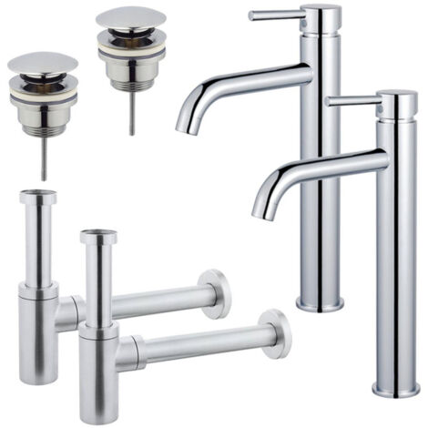 FugaFlow Eccelente Sobrado Kit robinet lavabo - pour double vasque - robinet rehaussé - bonde clic clac - siphon design - Chrome brillant
