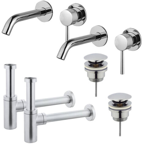 FugaFlow Eccelente Sobrado Kit robinet lavabo - pour double vasque - robinet rehaussé - bonde clic clac - siphon design - Chrome brillant