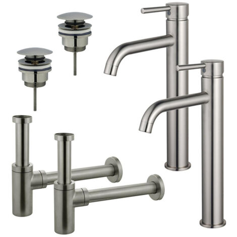 FugaFlow Eccelente Sobrado Kit robinet lavabo - pour double vasque - robinet rehaussé - bonde clic clac - siphon design - Inox brossé PVD
