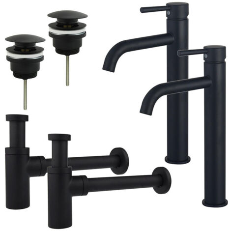 FugaFlow Eccelente Sobrado Kit robinet lavabo - pour double vasque - robinet rehaussé - bonde clic clac - siphon design - Noir mat