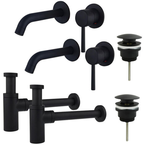 FugaFlow Eccelente Sobrado Kit robinet lavabo - pour double vasque - robinet rehaussé - bonde clic clac - siphon design - Noir mat