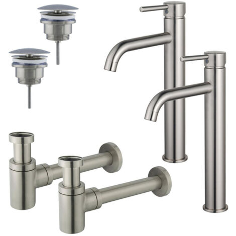 FugaFlow Eccelente Sobrado Kit robinet lavabo - pour double vasque - robinet rehaussé - bonde non-obturable - siphon design bas - Inox brossé PVD