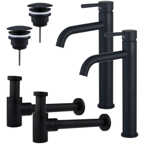FugaFlow Eccelente Sobrado Kit robinet lavabo - pour double vasque - robinet rehaussé - bonde non-obturable - siphon design bas - Noir mat