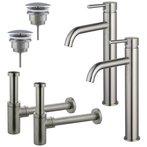 FugaFlow Eccelente Sobrado Kit robinet lavabo - pour double vasque - robinet rehaussé - bonde non-obturable - siphon design - Inox brossé PVD