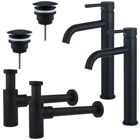 FugaFlow Eccelente Sobrado Kit robinet lavabo - pour double vasque - robinet rehaussé - bonde non-obturable - siphon design - Noir mat