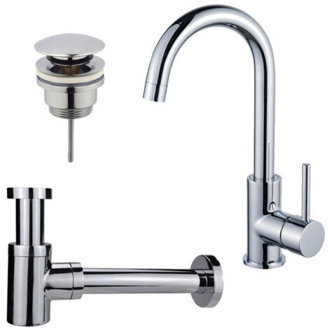 FugaFlow Eccelente Sobrado Kit robinet lavabo - robinet haut - bec rotatif - bonde clic clac - siphon design bas - Chrome brillant