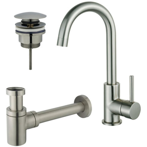 FugaFlow Eccelente Sobrado Kit robinet lavabo - robinet haut - bec rotatif - bonde clic clac - siphon design bas - Inox brossé PVD
