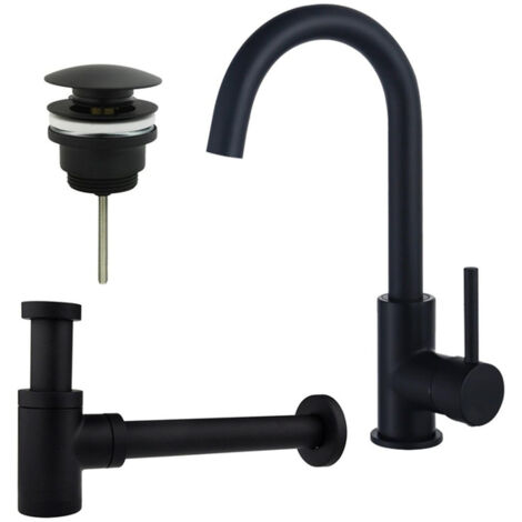 FugaFlow Eccelente Sobrado Kit robinet lavabo - robinet haut - bec rotatif - bonde clic clac - siphon design bas - Noir mat