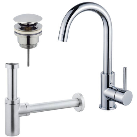 FugaFlow Eccelente Sobrado Kit robinet lavabo - robinet haut - bec rotatif - bonde clic clac - siphon design - Chrome brillant