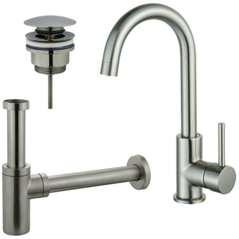 FugaFlow Eccelente Sobrado Kit robinet lavabo - robinet haut - bec rotatif - bonde clic clac - siphon design - Inox brossé PVD