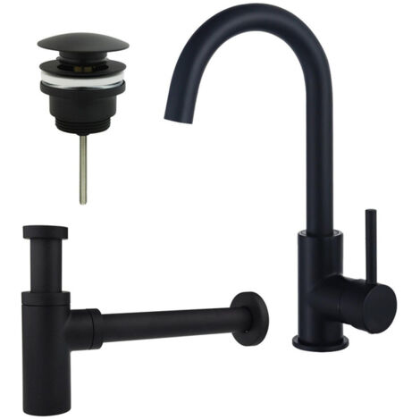 FugaFlow Eccelente Sobrado Kit robinet lavabo - robinet haut - bec rotatif - bonde clic clac - siphon design - Noir mat