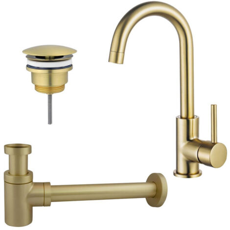 FugaFlow Eccelente Sobrado Kit robinet lavabo - robinet haut - bec rotatif - bonde non-obturable - siphon design bas - Laiton brossé PVD