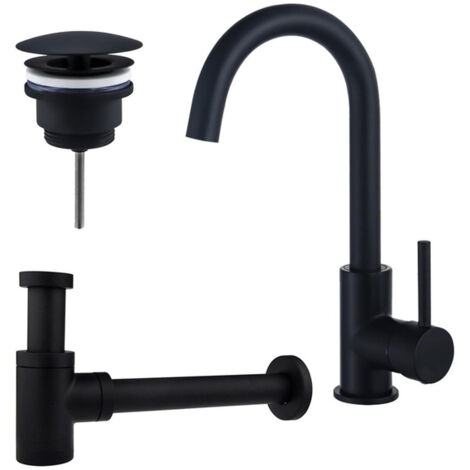 FugaFlow Eccelente Sobrado Kit robinet lavabo - robinet haut - bec rotatif - bonde non-obturable - siphon design bas - Noir mat