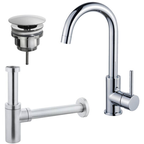 FugaFlow Eccelente Sobrado Kit robinet lavabo - robinet haut - bec rotatif - bonde non-obturable - siphon design - Chrome brillant