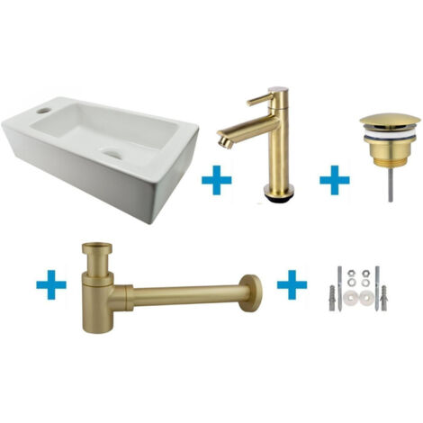 FugaFlow Eccelente Sobrado Pack Lave-mains - 1 trou de robinet - gauche - robinet Doré brossé mat - Blanc