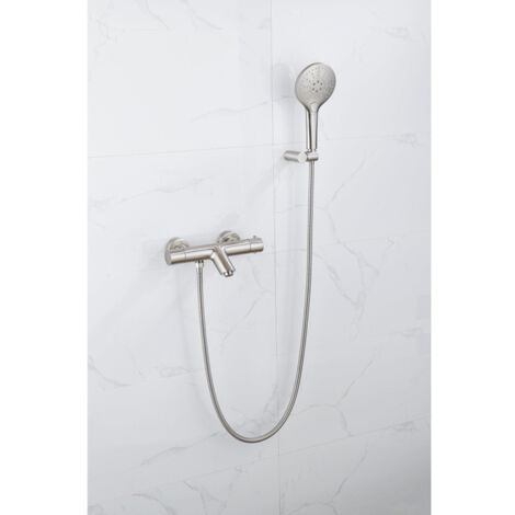 FugaFlow Eccelente Sobrado Robinet de baignoire thermostatique avec douchette ronde, support et flexible métal Inox brossé PVD