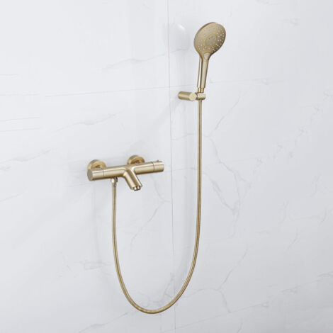 FugaFlow Eccelente Sobrado Robinet de baignoire thermostatique avec douchette ronde, support et flexible métal Laiton brossé PVD