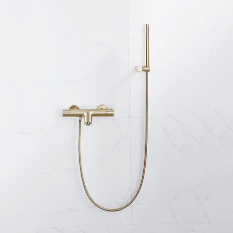 FugaFlow Eccelente Sobrado Robinet de baignoire thermostatique avec douchette stick, support et flexible en métal Laiton brossé PVD