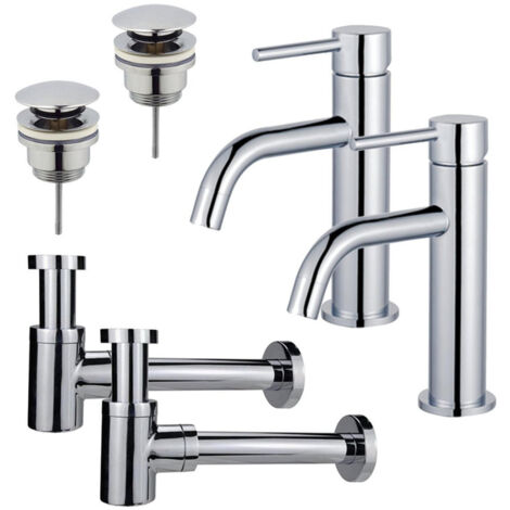FugaFlow Eccelente Sobrado Slim Kit robinet lavabo - pour double vasque - robinet bas - bonde clic clac - siphon design bas - Chrome brillant