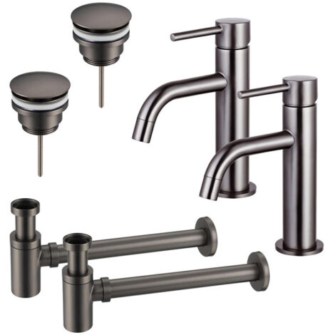 FugaFlow Eccelente Sobrado Slim Kit robinet lavabo - pour double vasque - robinet bas - bonde clic clac - siphon design bas - Gunmetal PVD