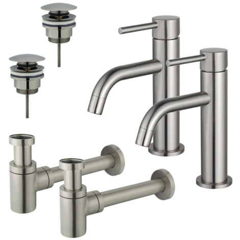 FugaFlow Eccelente Sobrado Slim Kit robinet lavabo - pour double vasque - robinet bas - bonde clic clac - siphon design bas - Inox brossé PVD
