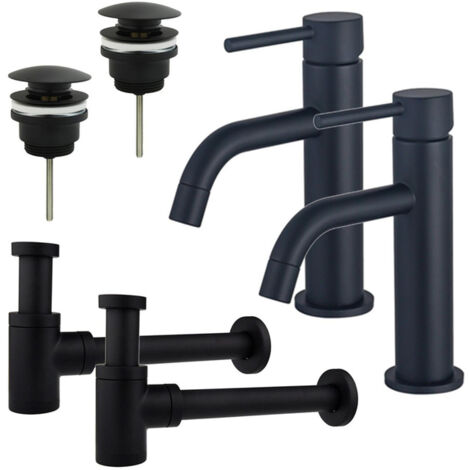 FugaFlow Eccelente Sobrado Slim Kit robinet lavabo - pour double vasque - robinet bas - bonde clic clac - siphon design bas - Noir mat