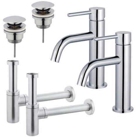 FugaFlow Eccelente Sobrado Slim Kit robinet lavabo - pour double vasque - robinet bas - bonde clic clac - siphon design - Chrome brillant