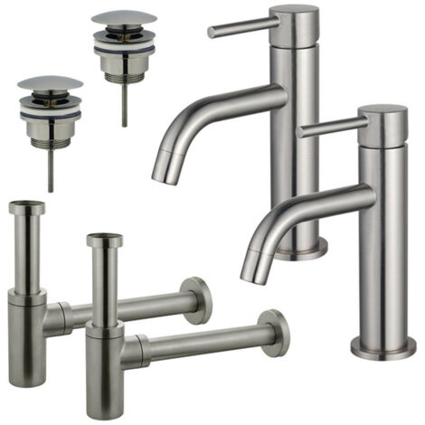 FugaFlow Eccelente Sobrado Slim Kit robinet lavabo - pour double vasque - robinet bas - bonde clic clac - siphon design - Inox brossé PVD