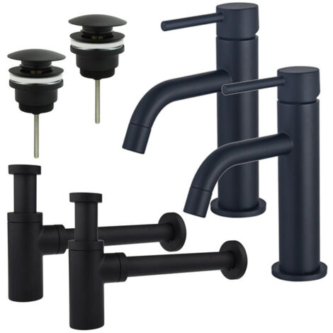 FugaFlow Eccelente Sobrado Slim Kit robinet lavabo - pour double vasque - robinet bas - bonde clic clac - siphon design - Noir mat