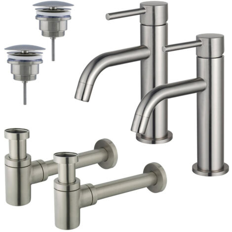 FugaFlow Eccelente Sobrado Slim Kit robinet lavabo - pour double vasque - robinet bas - bonde non-obturable - siphon design bas - Inox brossé PVD