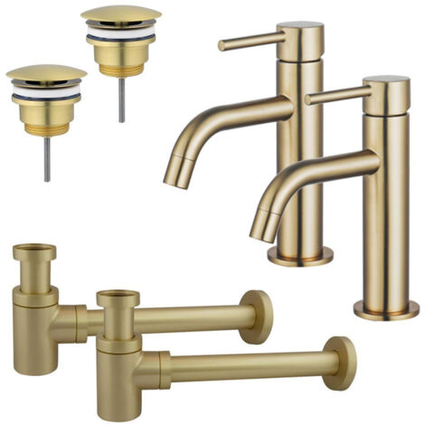 FugaFlow Eccelente Sobrado Slim Kit robinet lavabo - pour double vasque - robinet bas - bonde non-obturable - siphon design bas - Laiton brossé PVD