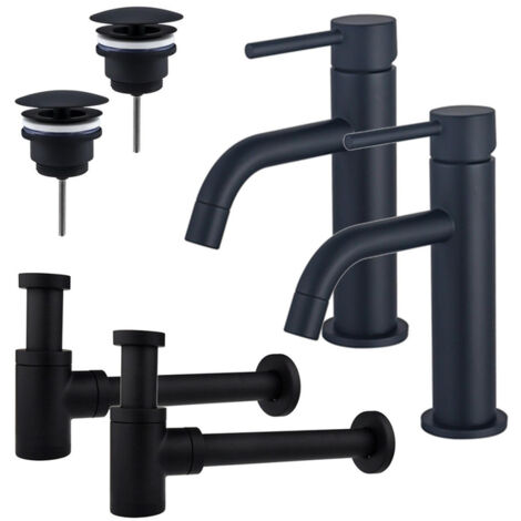 FugaFlow Eccelente Sobrado Slim Kit robinet lavabo - pour double vasque - robinet bas - bonde non-obturable - siphon design bas - Noir mat