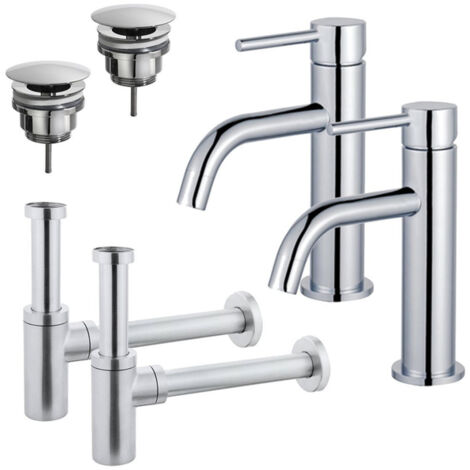 FugaFlow Eccelente Sobrado Slim Kit robinet lavabo - pour double vasque - robinet bas - bonde non-obturable - siphon design - Chrome brillant