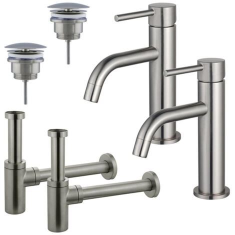 FugaFlow Eccelente Sobrado Slim Kit robinet lavabo - pour double vasque - robinet bas - bonde non-obturable - siphon design - Inox brossé PVD