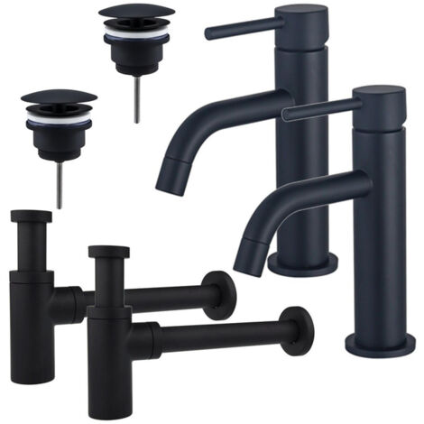FugaFlow Eccelente Sobrado Slim Kit robinet lavabo - pour double vasque - robinet bas - bonde non-obturable - siphon design - Noir mat
