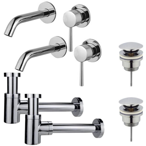 FugaFlow Eccelente Sobrado Slim Kit robinet lavabo - pour double vasque - robinet rehaussé - bonde clic clac - siphon design bas - Chrome brillant