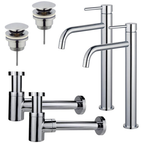 FugaFlow Eccelente Sobrado Slim Kit robinet lavabo - pour double vasque - robinet rehaussé - bonde clic clac - siphon design bas - Chrome brillant