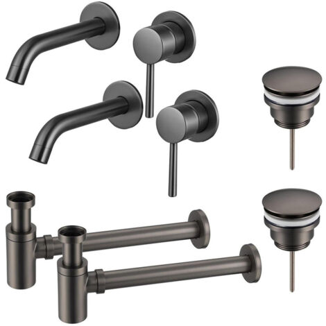 FugaFlow Eccelente Sobrado Slim Kit robinet lavabo - pour double vasque - robinet rehaussé - bonde clic clac - siphon design bas - Gunmetal PVD
