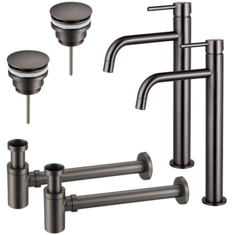 FugaFlow Eccelente Sobrado Slim Kit robinet lavabo - pour double vasque - robinet rehaussé - bonde clic clac - siphon design bas - Gunmetal PVD