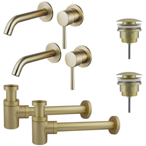 FugaFlow Eccelente Sobrado Slim Kit robinet lavabo - pour double vasque - robinet rehaussé - bonde clic clac - siphon design bas - Laiton brossé PVD