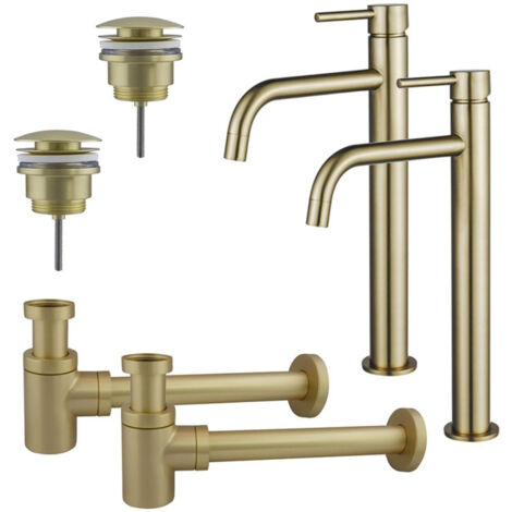 FugaFlow Eccelente Sobrado Slim Kit robinet lavabo - pour double vasque - robinet rehaussé - bonde clic clac - siphon design bas - Laiton brossé PVD