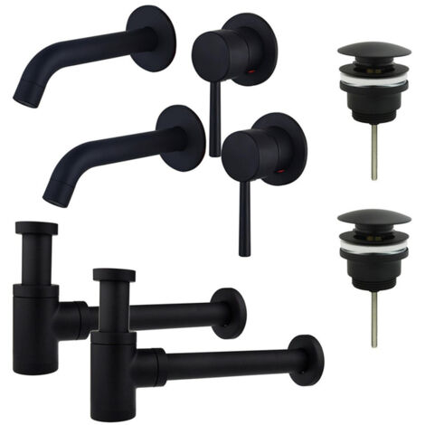 FugaFlow Eccelente Sobrado Slim Kit robinet lavabo - pour double vasque - robinet rehaussé - bonde clic clac - siphon design bas - Noir mat
