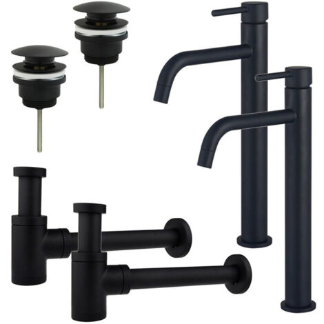 FugaFlow Eccelente Sobrado Slim Kit robinet lavabo - pour double vasque - robinet rehaussé - bonde clic clac - siphon design bas - Noir mat
