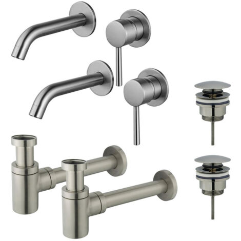 FugaFlow Eccelente Sobrado Slim Kit robinet lavabo - pour double vasque - robinet rehaussé - bonde clic clac - siphon design bas - PVD