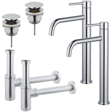 FugaFlow Eccelente Sobrado Slim Kit robinet lavabo - pour double vasque - robinet rehaussé - bonde clic clac - siphon design - Chrome brillant